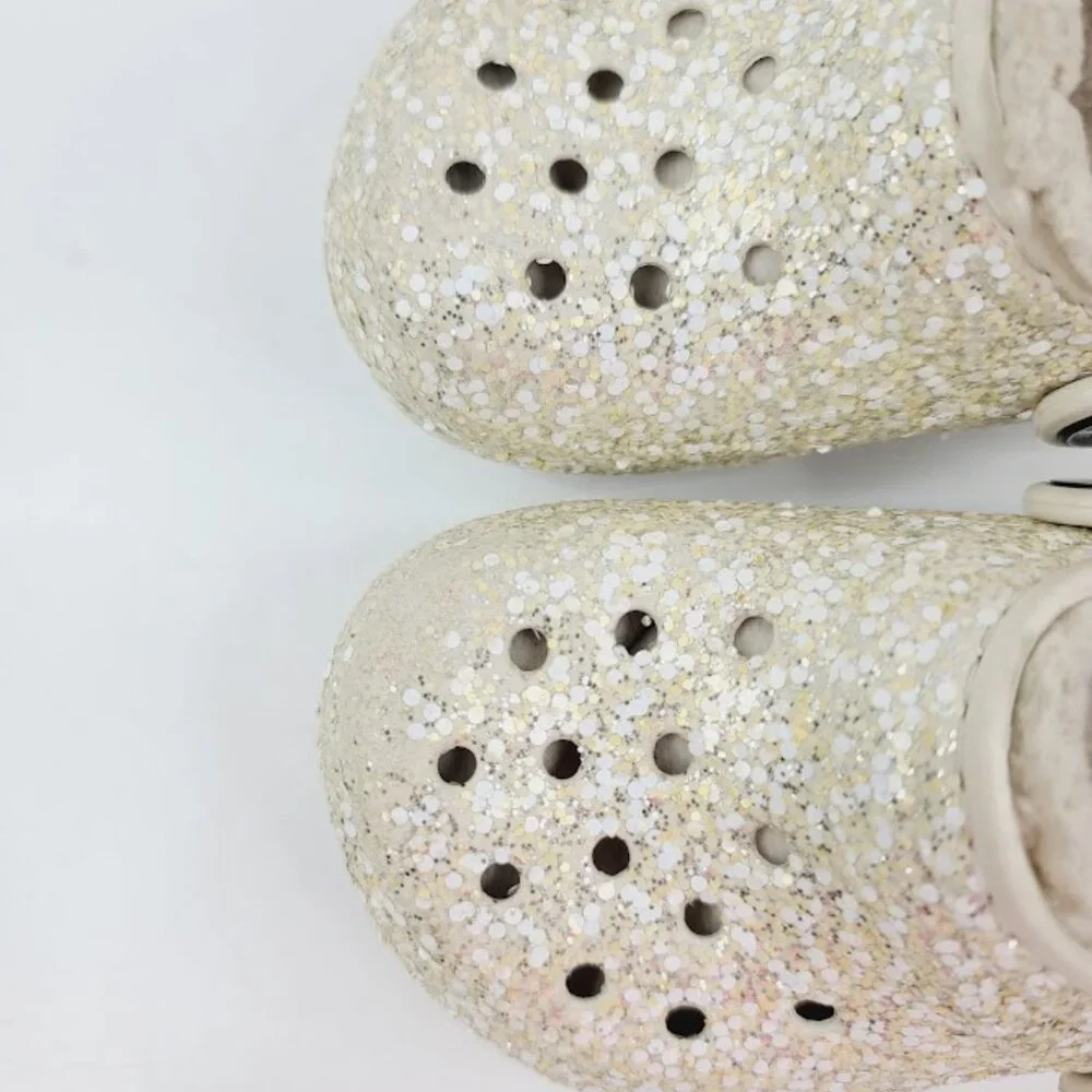 Crocs Girl's‎ White Stucco Classic Glitter Lined Slip-On Casual Clog Size 6